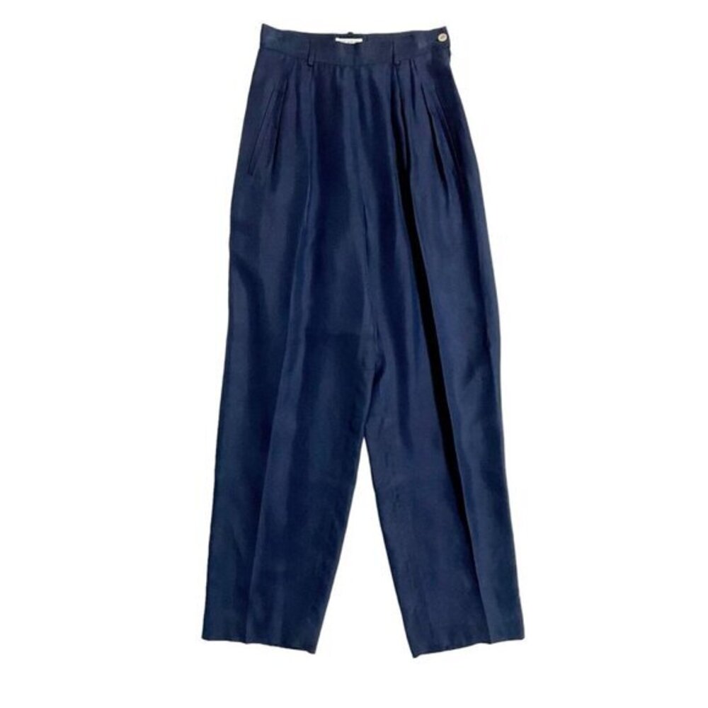 Silk Pleated Pants Navy Blue Trousers High Rise Preview Collection SZ 2 New